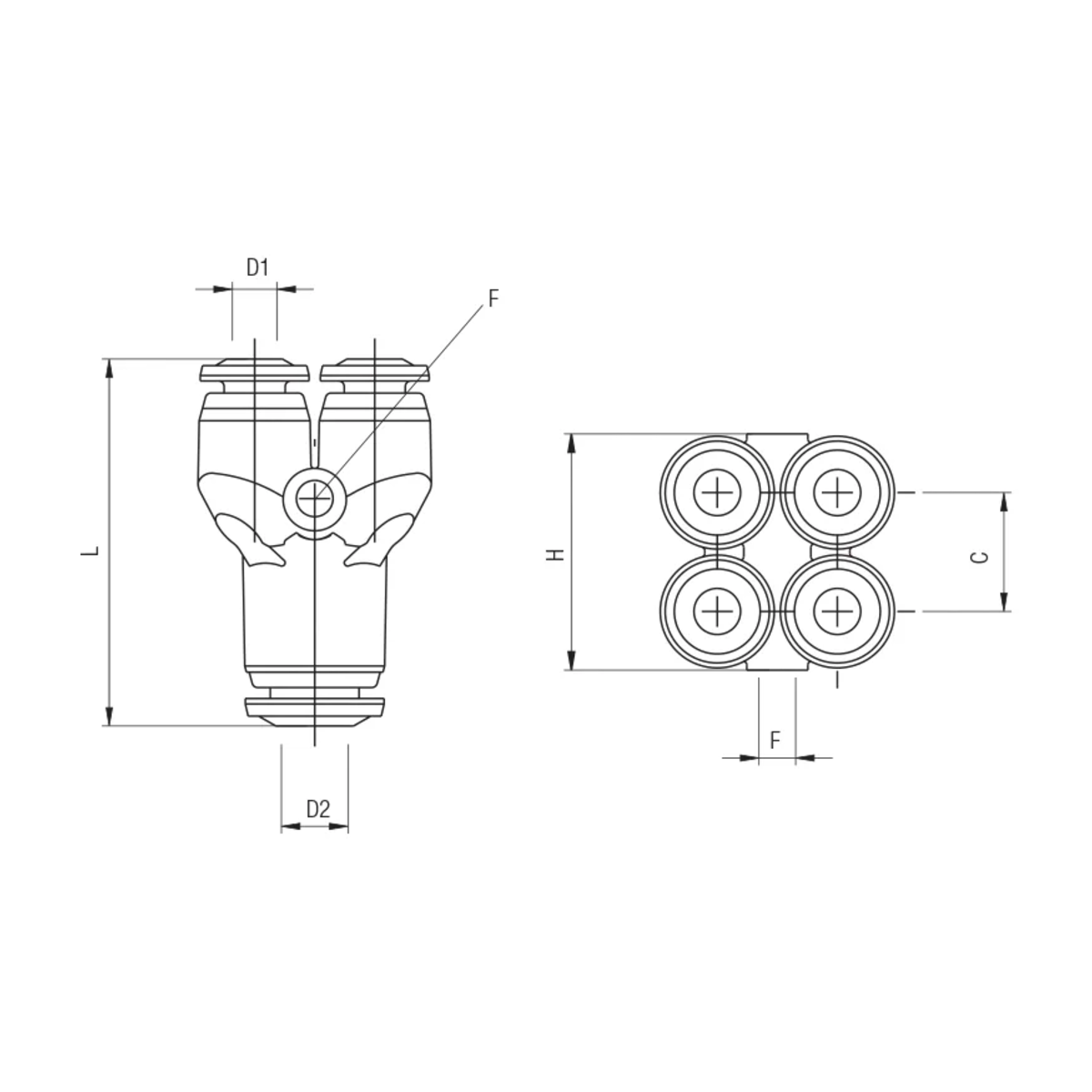 Y-manifold 1-4 – teknisk tegning, Aignep Serie 55.000