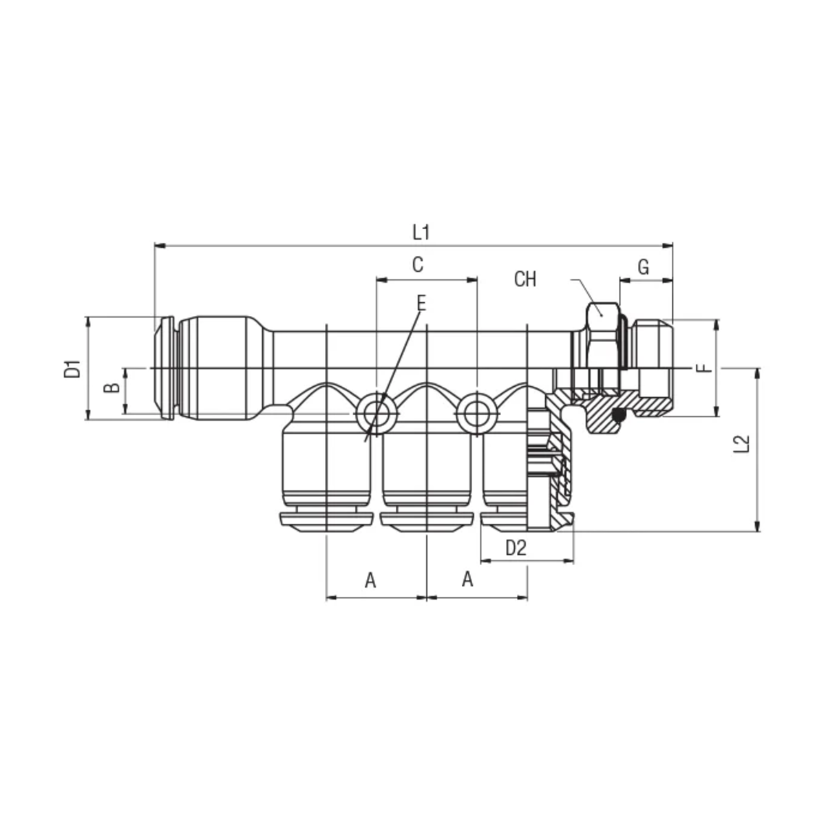 Reduktions manifold – teknisk tegning, Aignep Serie 55.000