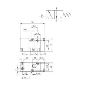 Teknisk tegning (måltegning) af 3/2 pneumatisk ventil NC 1/8" – Aignep 01V P0 3 NC 02