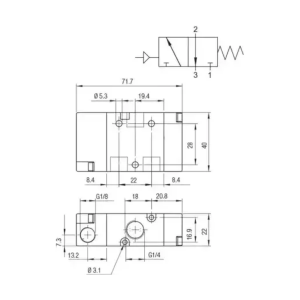 Teknisk tegning (måltegning) af 3/2 pneumatisk ventil NC 1/4
