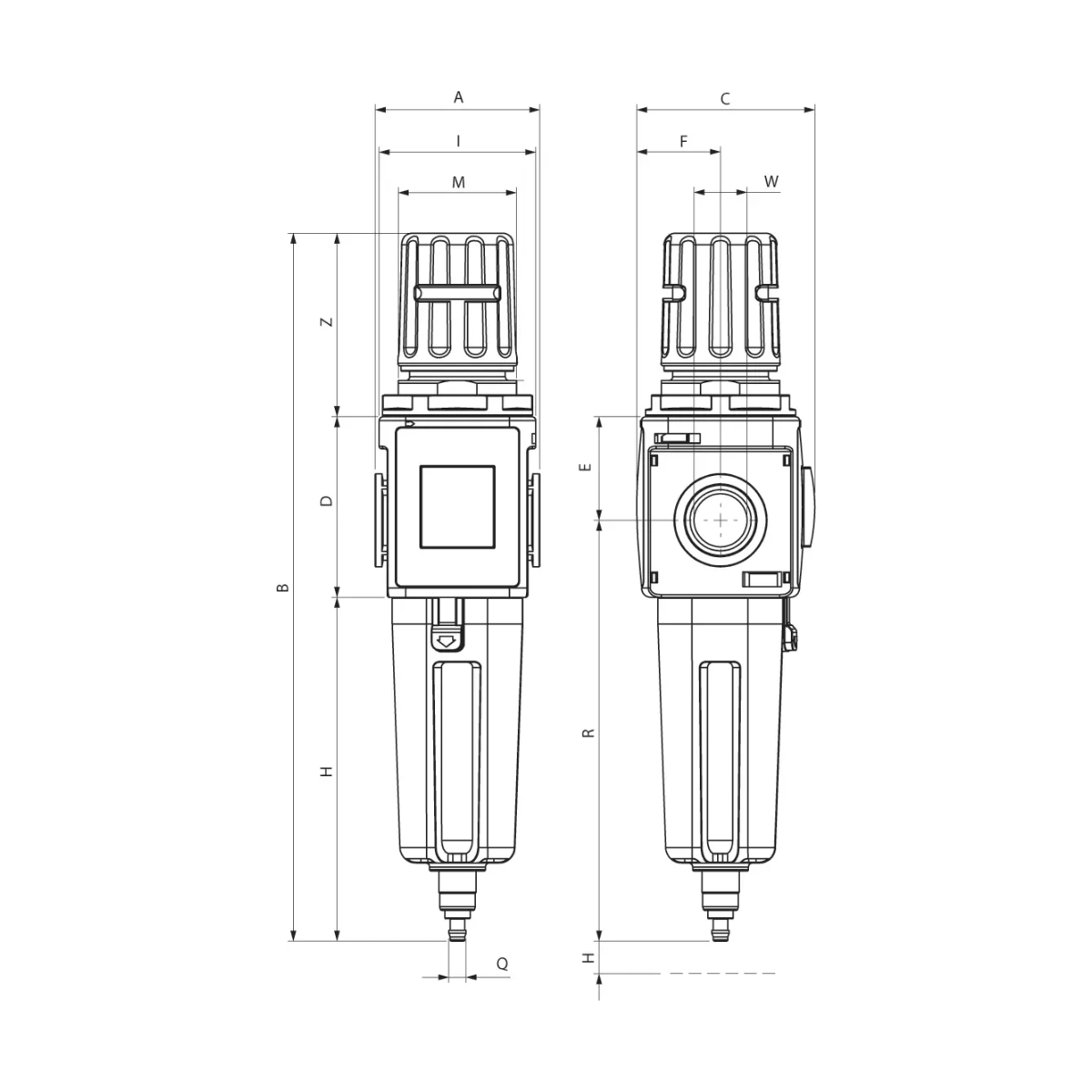 Teknisk tegning af filterregulator fra Aignep FRL Evo